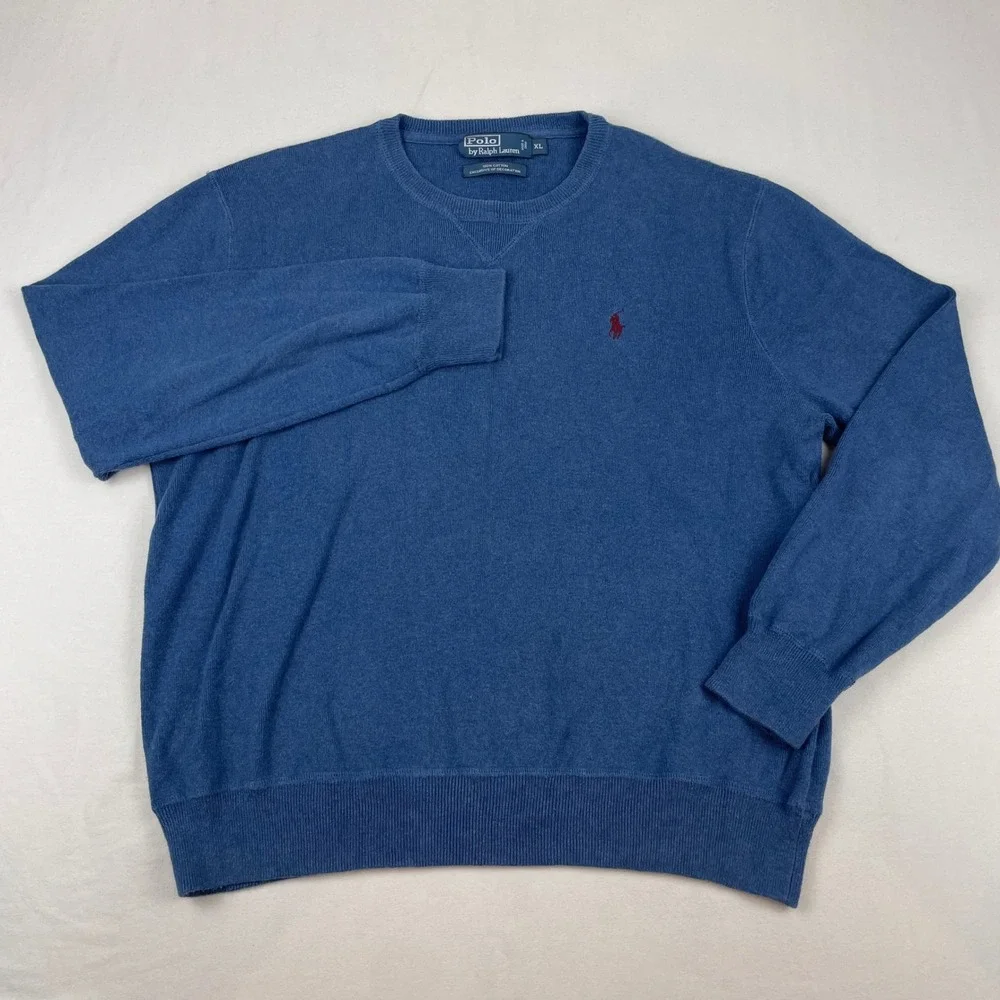 Polo Ralph Lauren Mens XL Blue Cotton Crewneck Sweater Red Pony Logo Knit